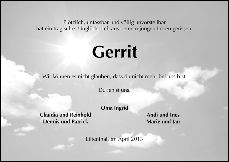  Traueranzeige für Gerrit Portz vom 24.04.2013 aus WESER-KURIER