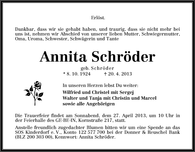 Traueranzeige von Annita Schröder von WESER-KURIER