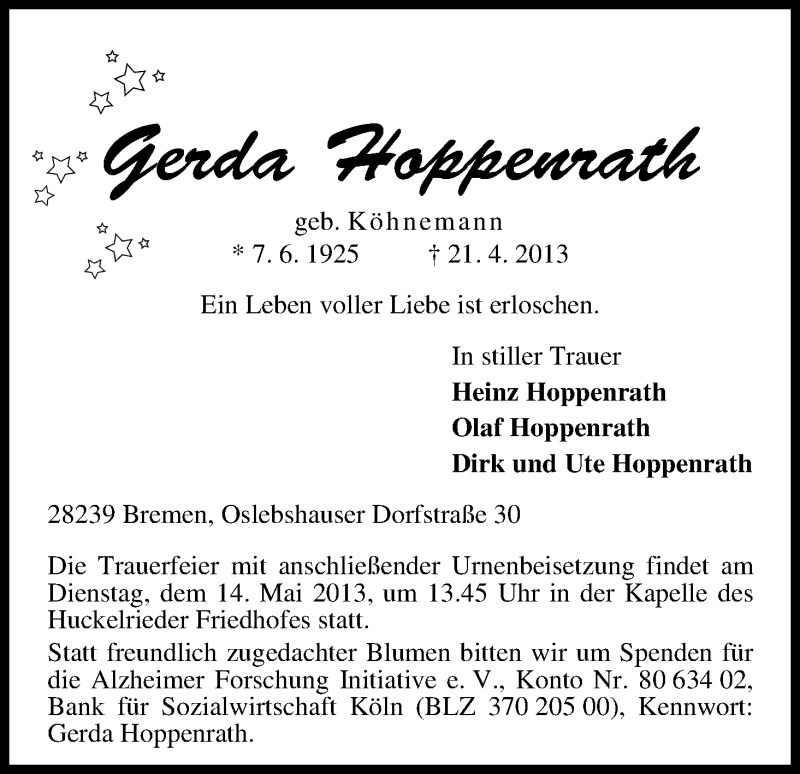 Traueranzeige von Gerda Hoppenrath von WESER-KURIER