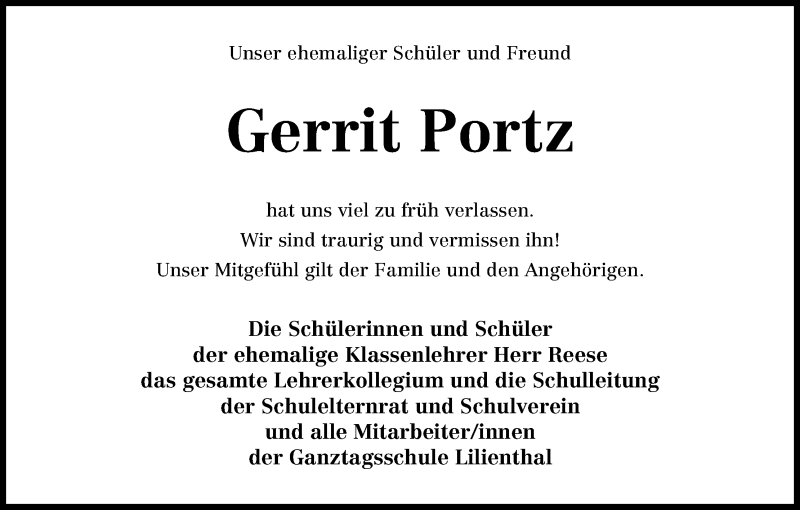  Traueranzeige für Gerrit Portz vom 25.04.2013 aus WESER-KURIER