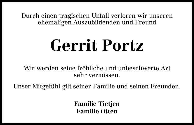 Traueranzeige für Gerrit Portz vom 25.04.2013 aus WESER-KURIER