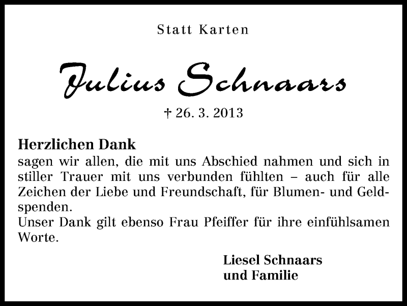 Traueranzeige von Julius Schnaars von WESER-KURIER