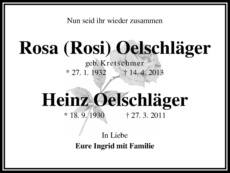 Traueranzeige von Rosa und Heinz Oelschläger von WESER-KURIER