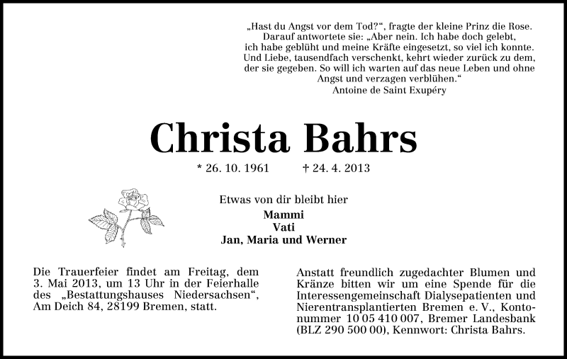  Traueranzeige für Christa Bahrs vom 27.04.2013 aus WESER-KURIER
