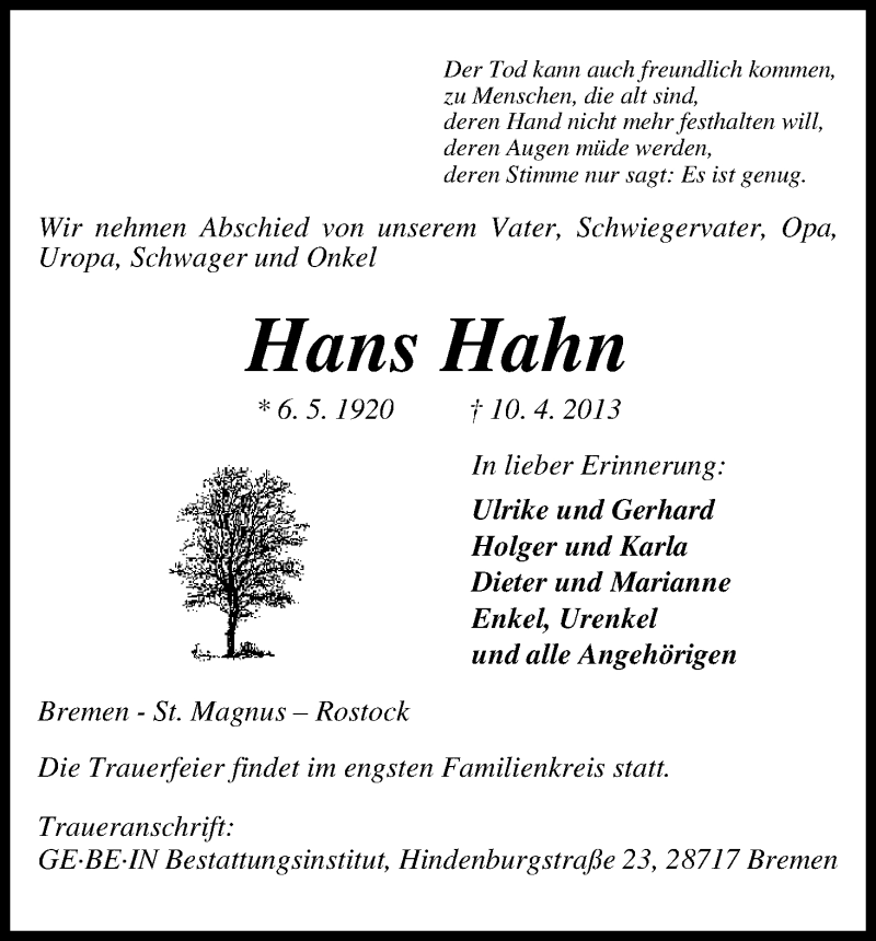 Traueranzeige von Hans Hahn von WESER-KURIER