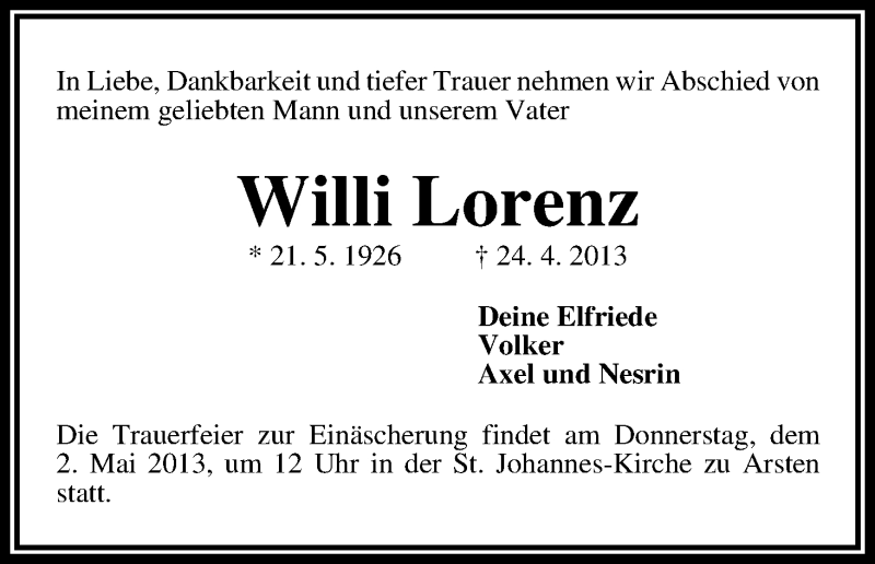 Traueranzeige von Willi Lorenz von WESER-KURIER