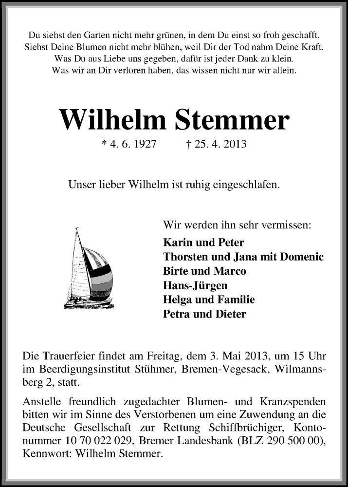 Traueranzeige von Wilhelm Stemmer von WESER-KURIER
