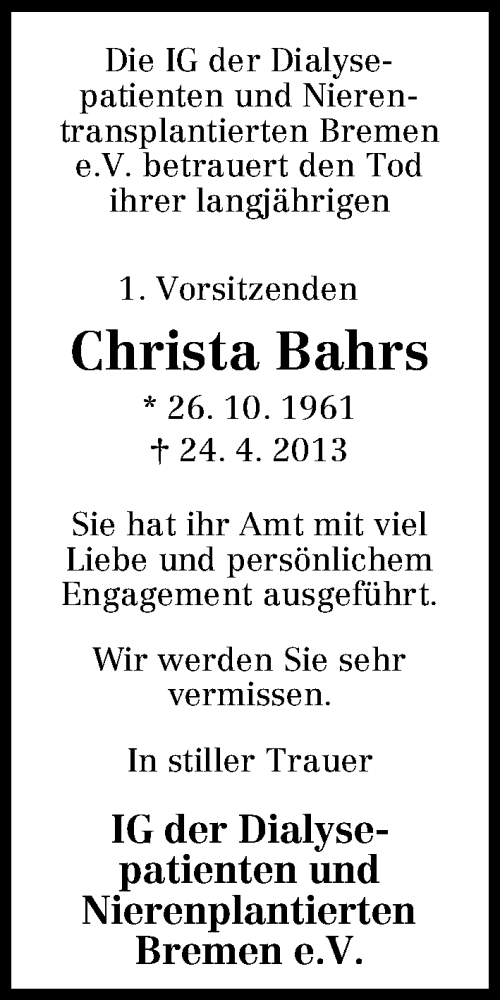  Traueranzeige für Christa Bahrs vom 27.04.2013 aus WESER-KURIER