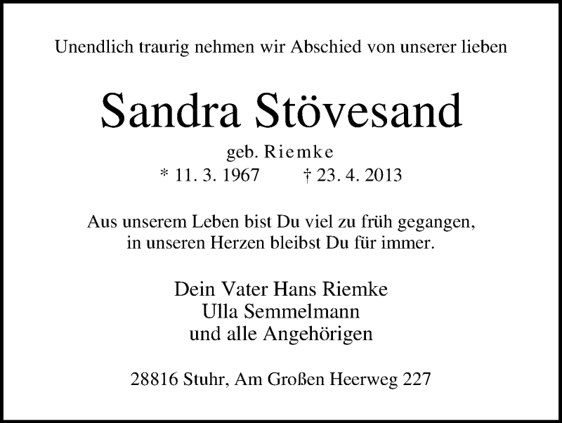  Traueranzeige für Sandra Stövesand vom 27.04.2013 aus WESER-KURIER