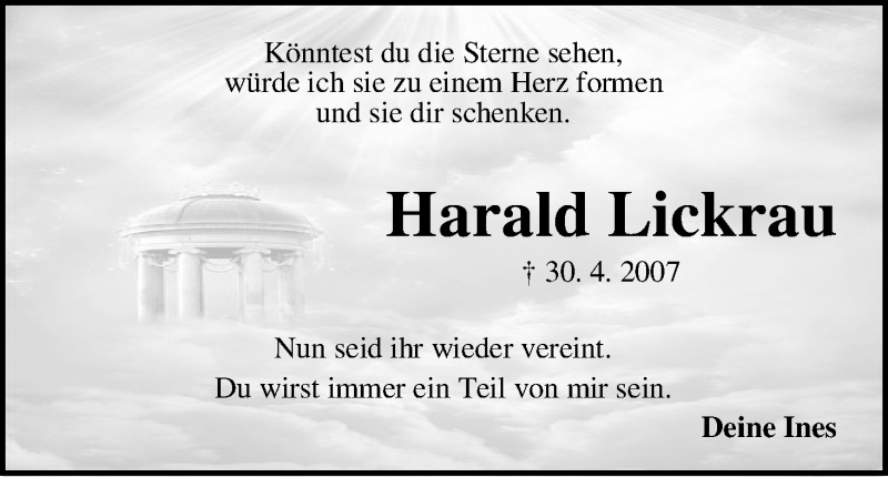  Traueranzeige für Harald Lickrau vom 30.04.2013 aus WESER-KURIER