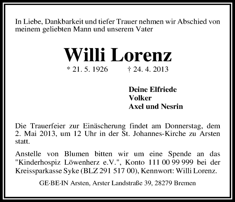 Traueranzeige von Willi Lorenz von WESER-KURIER