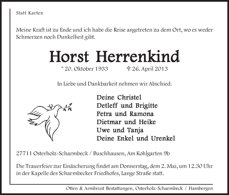 Traueranzeige von Horst Herrenkind von WESER-KURIER