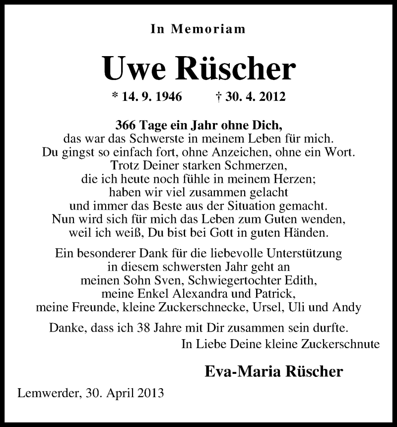  Traueranzeige für Uwe Rüscher vom 30.04.2013 aus WESER-KURIER