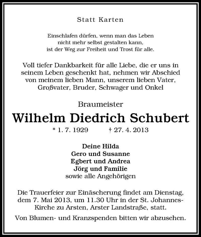 Traueranzeige von Wilhelm Dietrich Schubert von WESER-KURIER