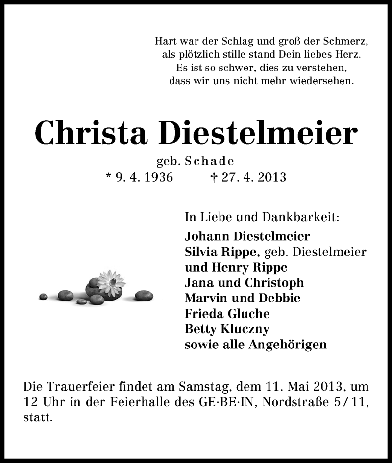 Traueranzeige von Christa Diestelmeier von WESER-KURIER