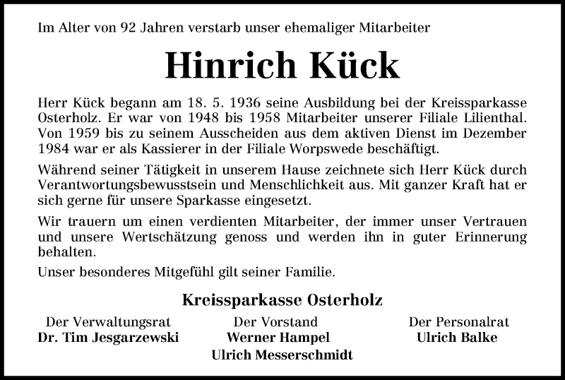 Traueranzeige von Hinrich Kück von WESER-KURIER