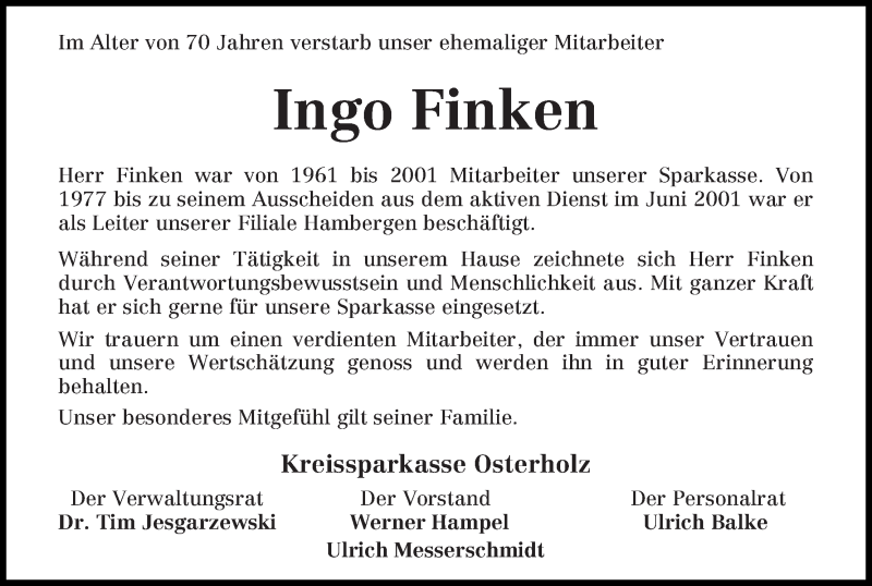 Traueranzeige von Ingo Finken von WESER-KURIER