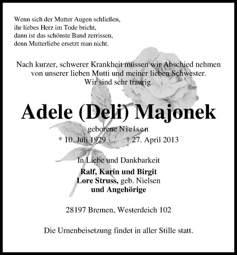  Traueranzeige für Adele Majonek vom 04.05.2013 aus WESER-KURIER