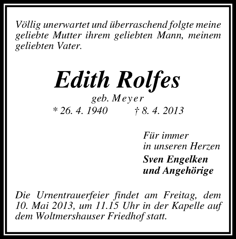 Traueranzeige von Edith Rolfes von WESER-KURIER