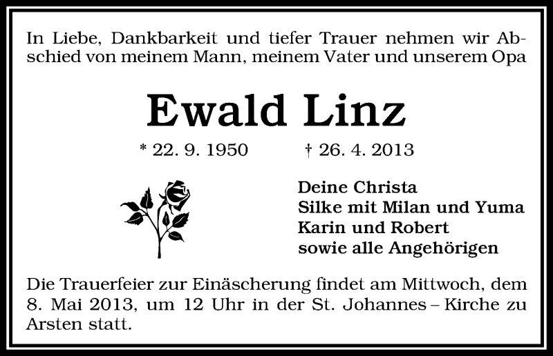 Traueranzeige von Ewald Linz von WESER-KURIER