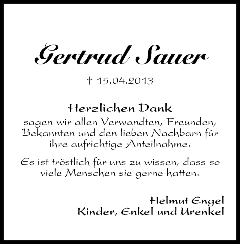 Traueranzeige für Gertrud Sauer vom 04.05.2013 aus WESER-KURIER