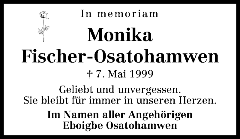  Traueranzeige für Monika Fischer-Osatohamwen vom 07.05.2013 aus WESER-KURIER
