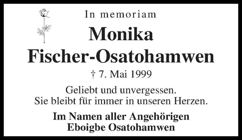  Traueranzeige für Monika Fischer-Osatohamwen vom 07.05.2014 aus WESER-KURIER
