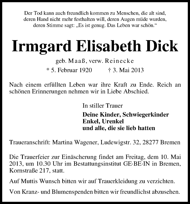 Traueranzeige von Irmgard Elisabeth Dick von WESER-KURIER