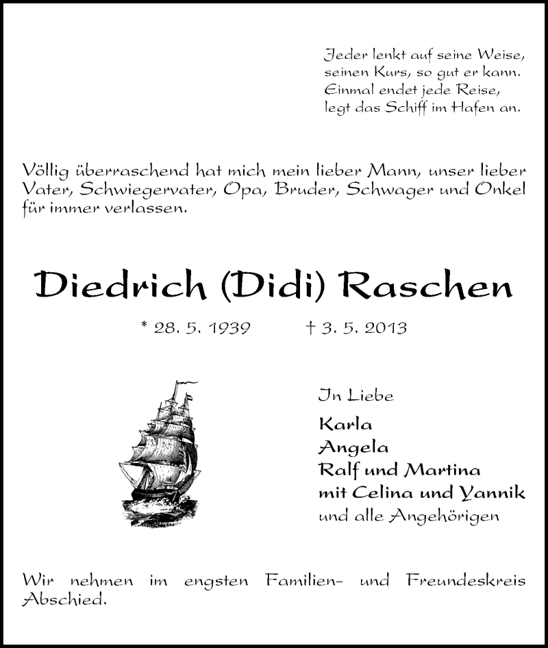  Traueranzeige für Diedrich Raschen vom 15.05.2013 aus WESER-KURIER