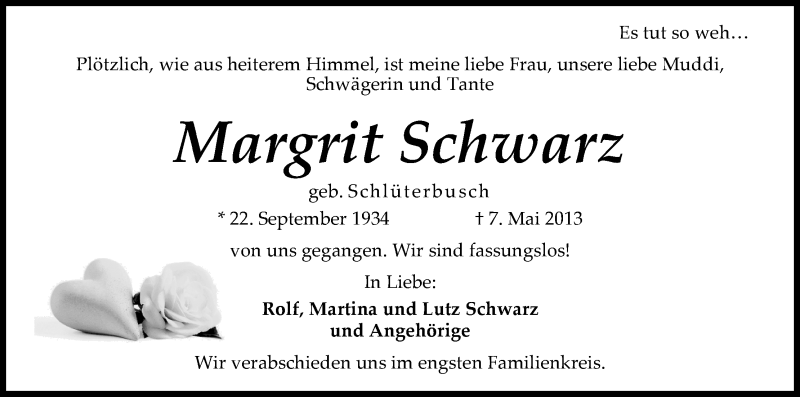 Traueranzeige von Margrit Schwarz von WESER-KURIER