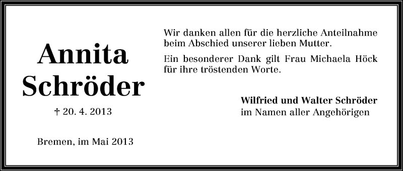 Traueranzeige von Annita Schröder von WESER-KURIER