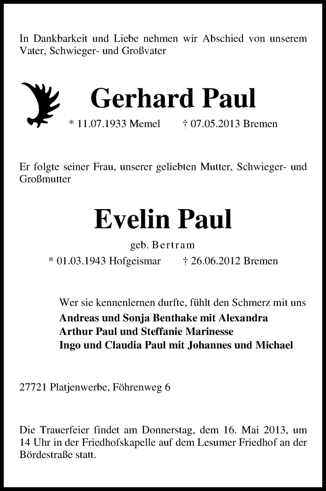 Traueranzeige von Gerhard und Evelin Paul von WESER-KURIER