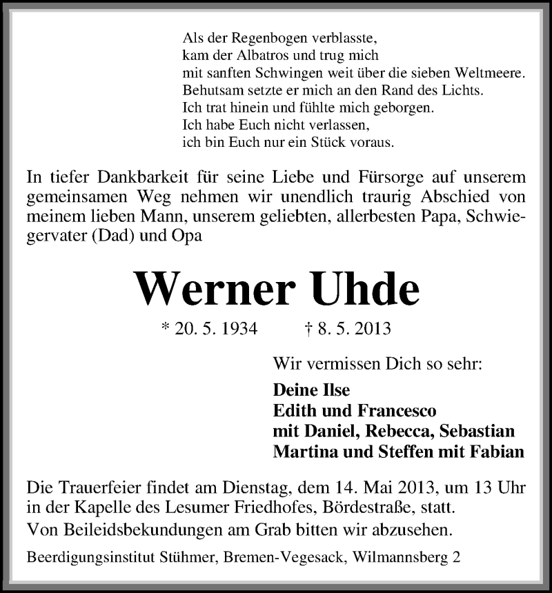 Traueranzeige von Werner Uhde von WESER-KURIER