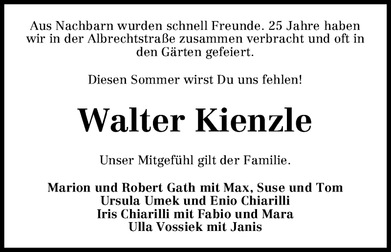 Traueranzeige von Walter Kienzle von WESER-KURIER
