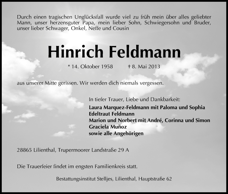  Traueranzeige für Hinrich Feldmann vom 13.05.2013 aus WESER-KURIER