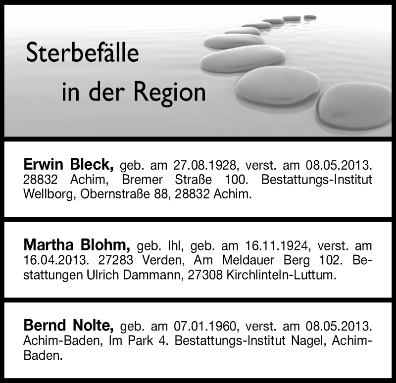 Traueranzeige von Sterbefälle vom 14.05.2013 von WESER-KURIER