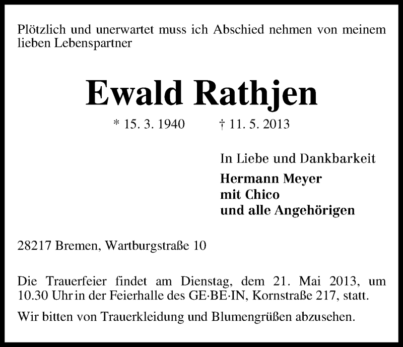Traueranzeige von Ewald Rathjen von WESER-KURIER