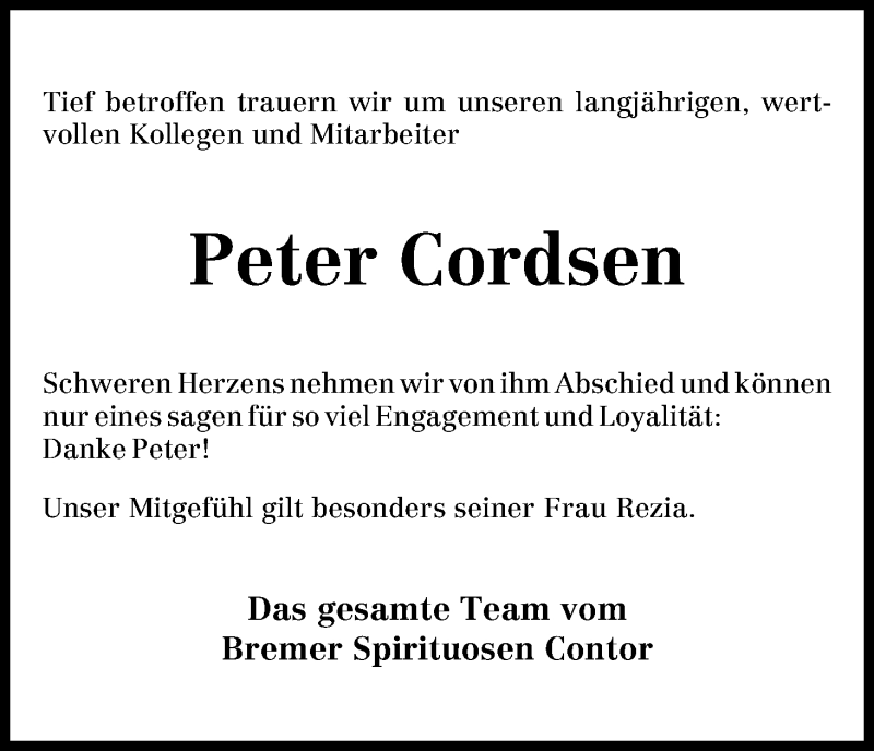 Traueranzeige von Peter Cordsen von WESER-KURIER