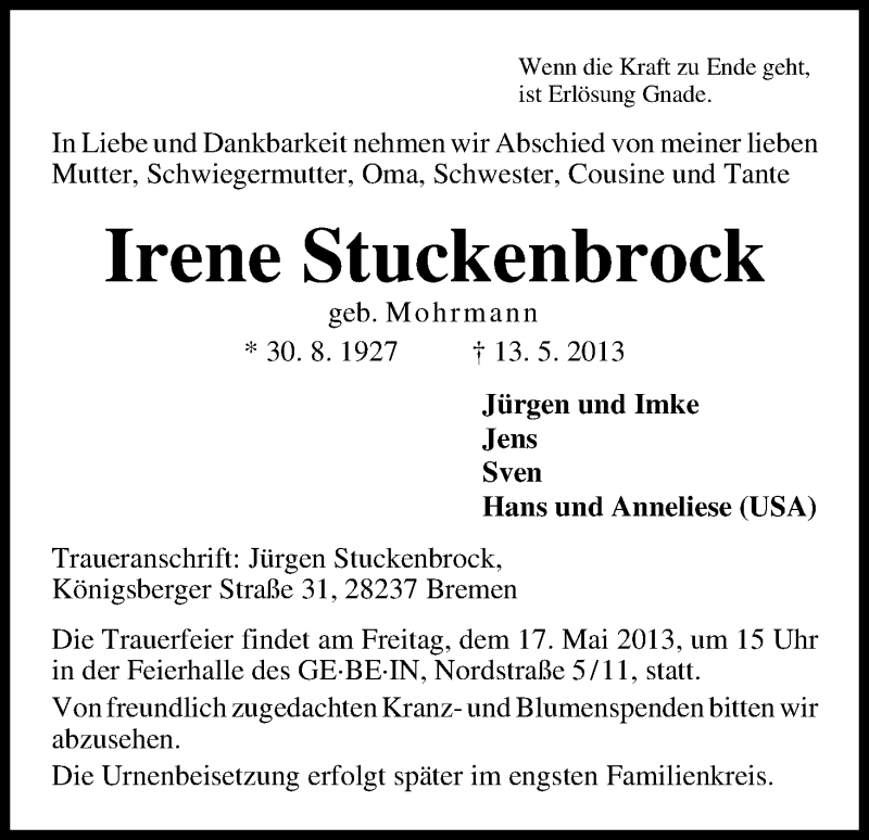 Traueranzeige von Irene Stuckenbrock von WESER-KURIER