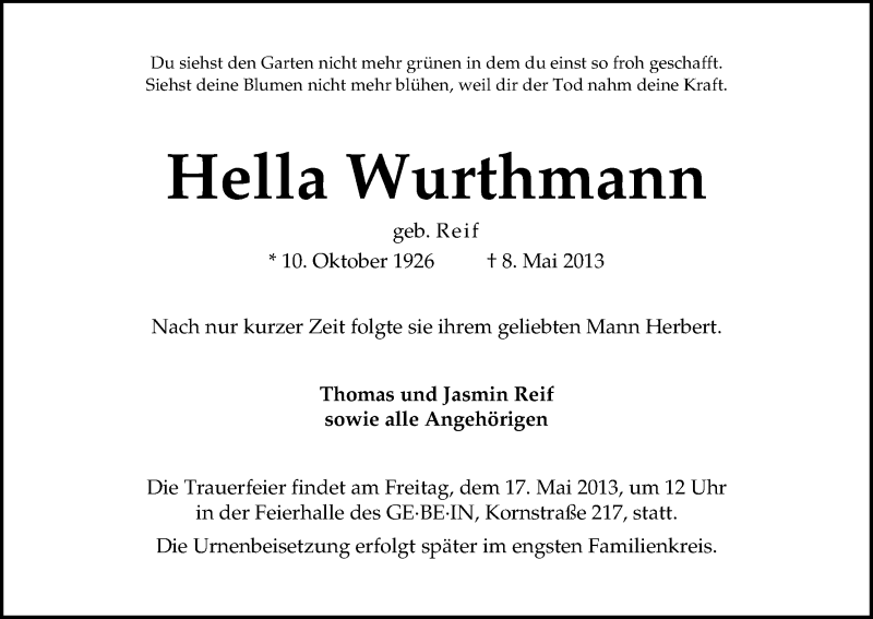 Traueranzeige von Hella Wurthmann von WESER-KURIER