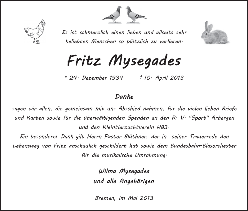 Traueranzeige von Fritz Mysegades von WESER-KURIER