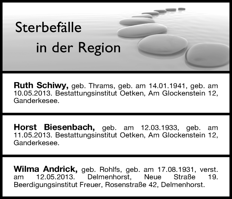Traueranzeige von Sterbefälle vom 16.05.2013 von WESER-KURIER