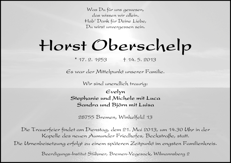  Traueranzeige für Horst Oberschelp vom 17.05.2013 aus WESER-KURIER