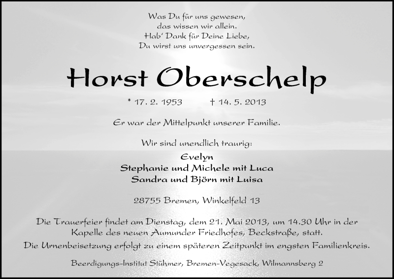  Traueranzeige für Horst Oberschelp vom 18.05.2013 aus WESER-KURIER
