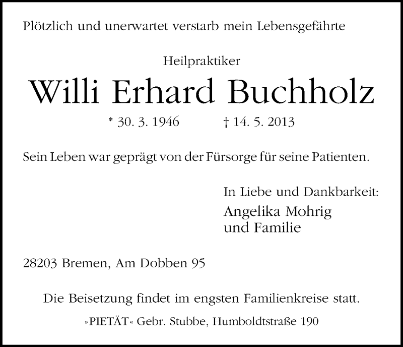  Traueranzeige für Willi Erhard Buchholz vom 17.05.2013 aus WESER-KURIER