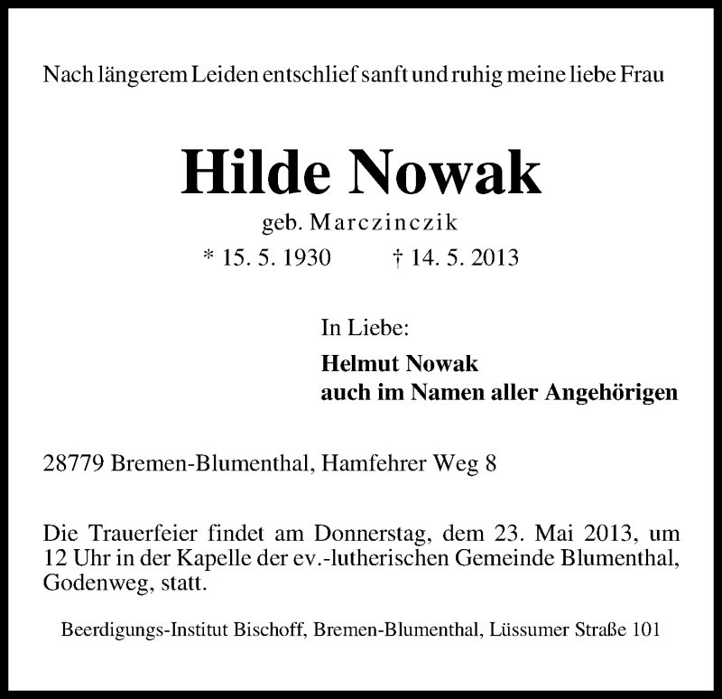  Traueranzeige für Hilde Nowak vom 17.05.2013 aus WESER-KURIER