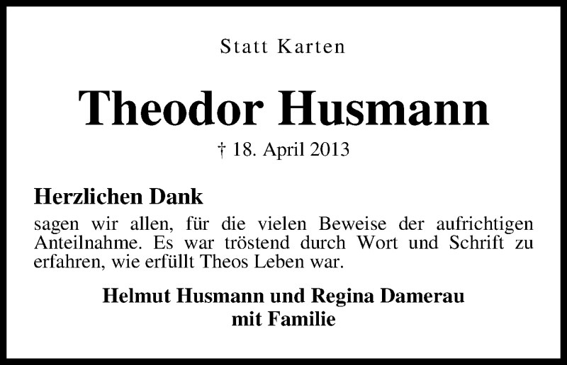 Traueranzeige von Theodor Husmann von WESER-KURIER