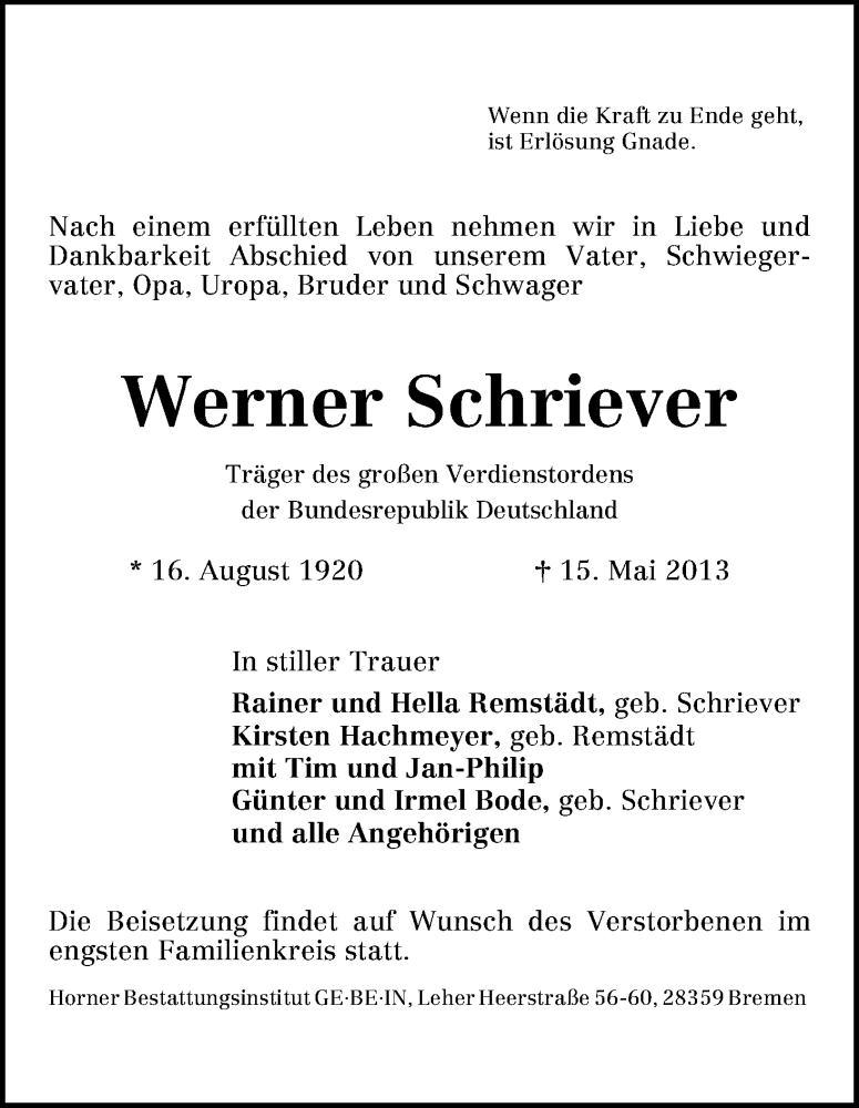 Traueranzeige von Werner Schriever von WESER-KURIER