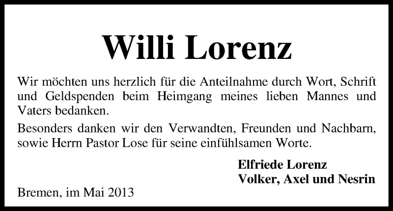 Traueranzeige von Willi Lorenz von WESER-KURIER