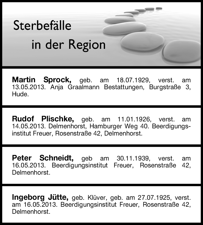 Traueranzeige von Sterbefälle vom 18.05.2013 von WESER-KURIER
